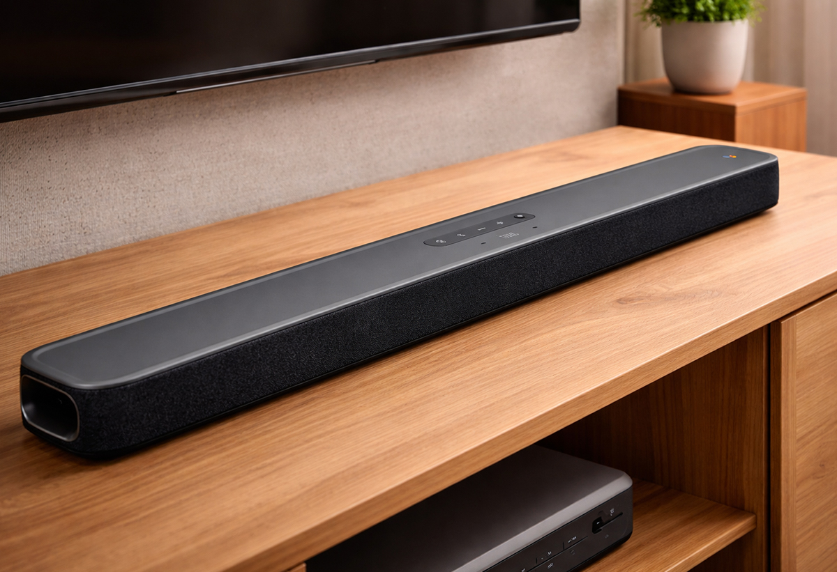 Απεικονίζεται το soundbar σε έπιπλο τηλεόρασης.